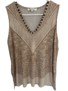 Rose & Olive Women's Beige Boho Tribal V-Neck Sleeveless Top . Size L